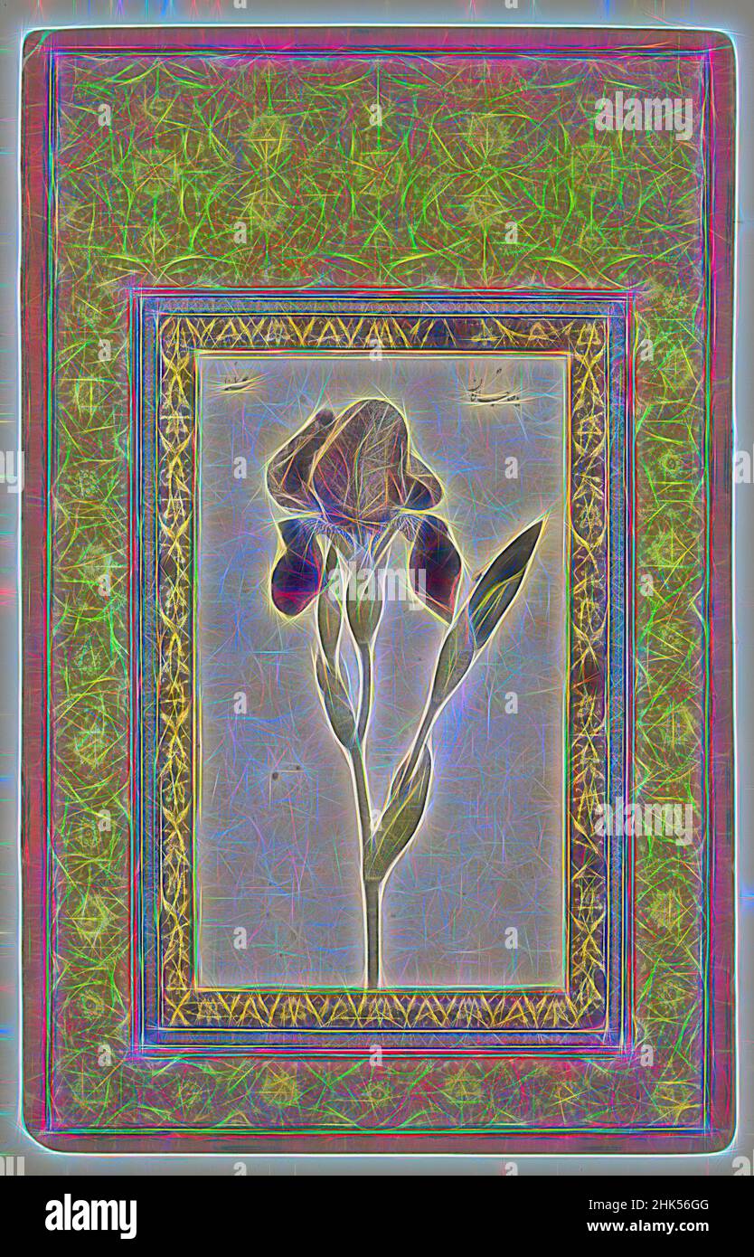 Inspired by Blue Iris, Attributed to Muhammad Zaman, Persian, active 1649-1704, Ink, opaque watercolor on paper; gilded borders, Isfahan, Iran, A.H. 1074-1075/1663-1664 C.E., Safavid, Safavid, Sheet: 13 1/16 x 8 3/8 in., 33.2 x 21.3 cm, Asian art, blue, brown, catalogue, floral pattern, flower, Reimagined by Artotop. Classic art reinvented with a modern twist. Design of warm cheerful glowing of brightness and light ray radiance. Photography inspired by surrealism and futurism, embracing dynamic energy of modern technology, movement, speed and revolutionize culture Stock Photo