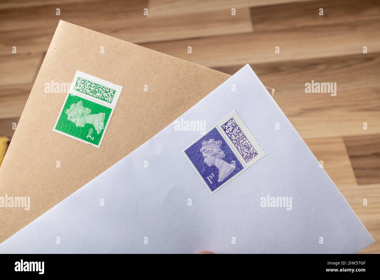 Torquay, UK. 2nd Feb, 2022. New UK postage stamps feature a QR code to allow tracking. Stamped envelopes. Credit: Thomas Faull/Alamy Live News Stock Photo
