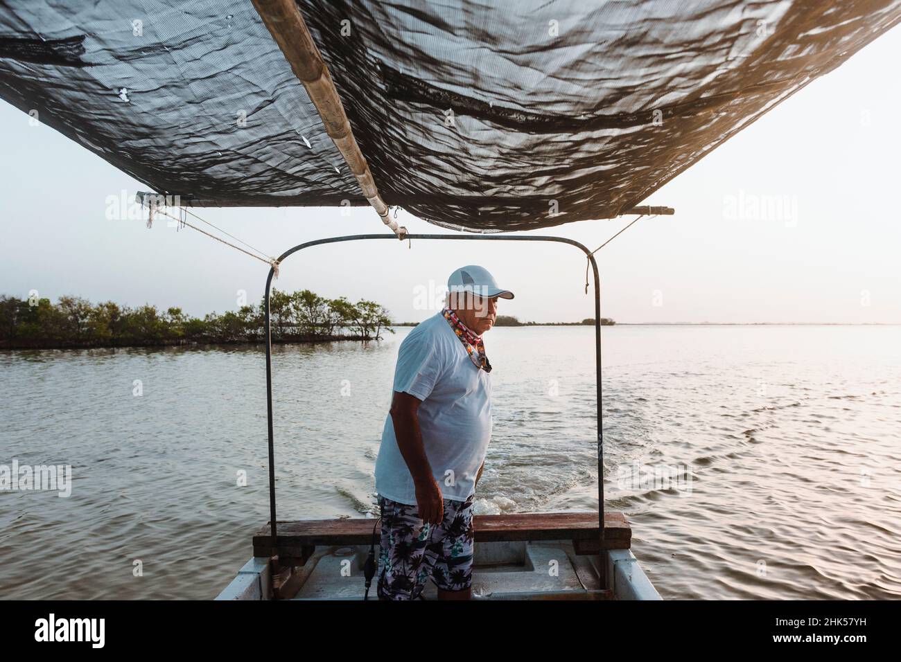 Mexican person on a boat fishing Stock Photo