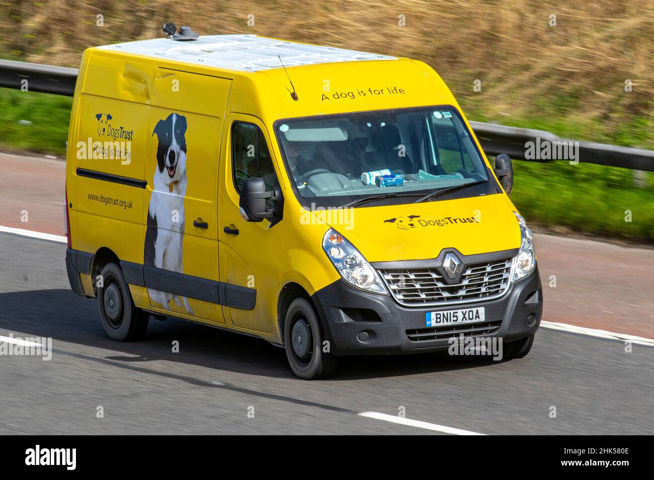 Dogs Trust, large mobile rehoming units known as 'Dogmobiles'. Yellow Renault Master MM33 Business DCi S/R P/V panel van; Vehicular traffic, moving vehicles, box vans, vehicle driving on UK roads, motors, motoring on the M6 motorway highway UK road network. Stock Photo