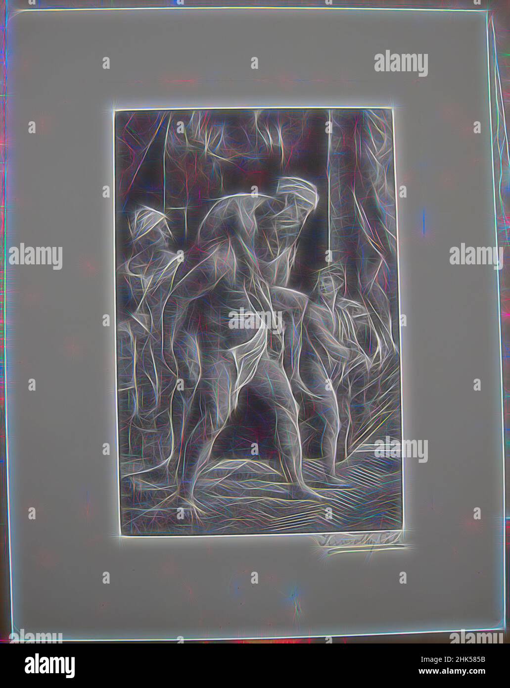 Inspired by Aeneas Group, Wood engraving, 1891, Sheet: 12 1/8 x 9 1/2 in., 30.8 x 24.1 cm, Reimagined by Artotop. Classic art reinvented with a modern twist. Design of warm cheerful glowing of brightness and light ray radiance. Photography inspired by surrealism and futurism, embracing dynamic energy of modern technology, movement, speed and revolutionize culture Stock Photo