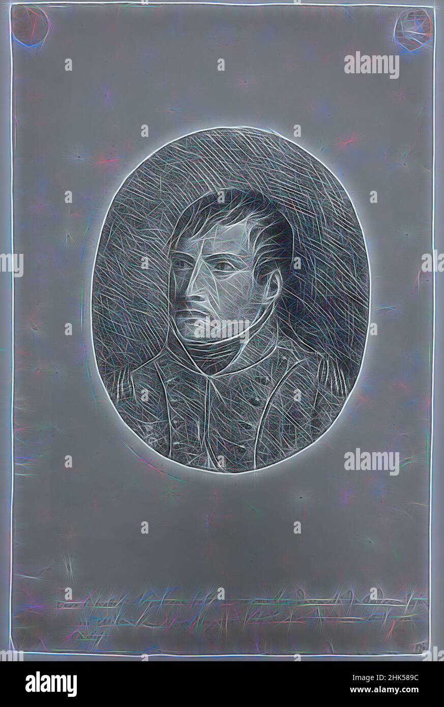 Inspired by Portrait of the Emporer Napoleon I, Lithograph on cream wove paper, ca. 1805, composition, oval: 9 13/16 x 8 1/16 in., 25 x 20.5 cm, Reimagined by Artotop. Classic art reinvented with a modern twist. Design of warm cheerful glowing of brightness and light ray radiance. Photography inspired by surrealism and futurism, embracing dynamic energy of modern technology, movement, speed and revolutionize culture Stock Photo