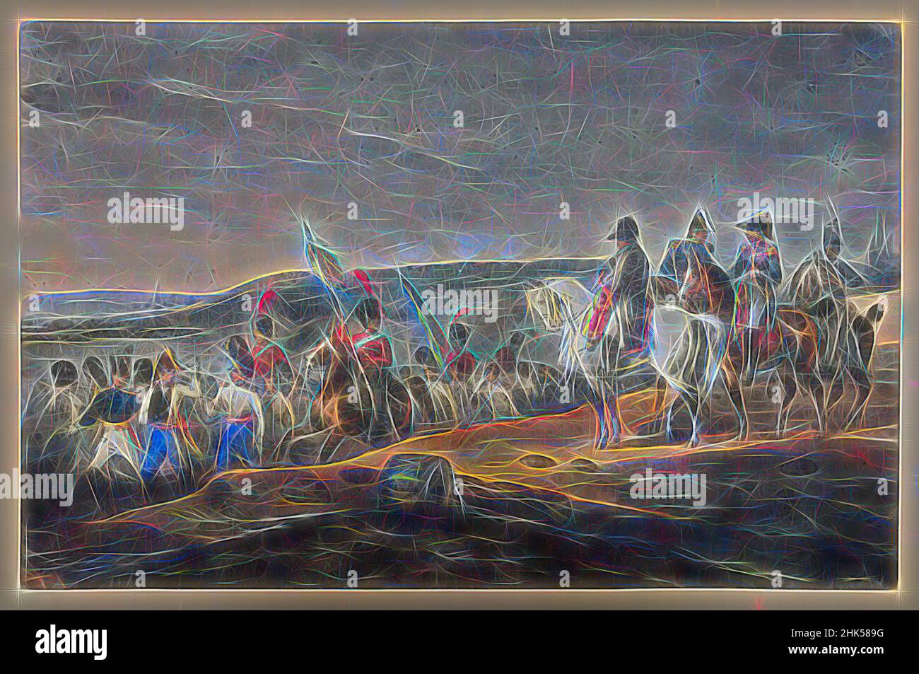 Inspired by Napoleon Reviewing the Wounded and Prisoners After the Battle of Wagram, Joseph-Louis-Hippolyte Bellangé, French, 1800-1866, Watercolor, Reimagined by Artotop. Classic art reinvented with a modern twist. Design of warm cheerful glowing of brightness and light ray radiance. Photography inspired by surrealism and futurism, embracing dynamic energy of modern technology, movement, speed and revolutionize culture Stock Photo
