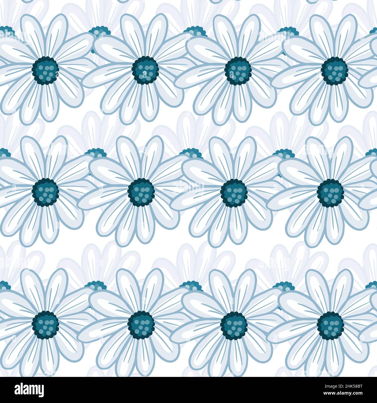 Simple floral seamless pattern with blue contoured daisy flowers print. White background. Hand drawn style. Stock illustration. Vector design for text Stock Vector