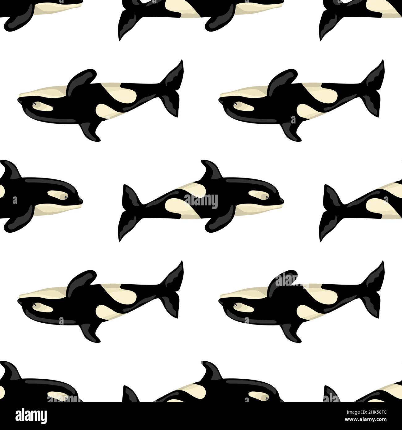 Seamless pattern Orca on white background. Template of cartoon character of ocean for children. Repeated geometrical inverted texture with marine ceta Stock Vector