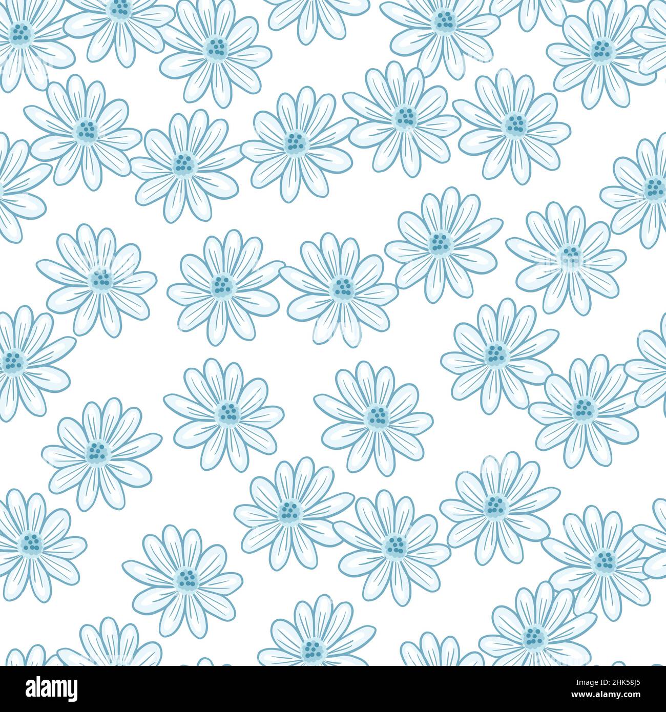Isolated seamless pattern with random blue contoured daisy flower ...