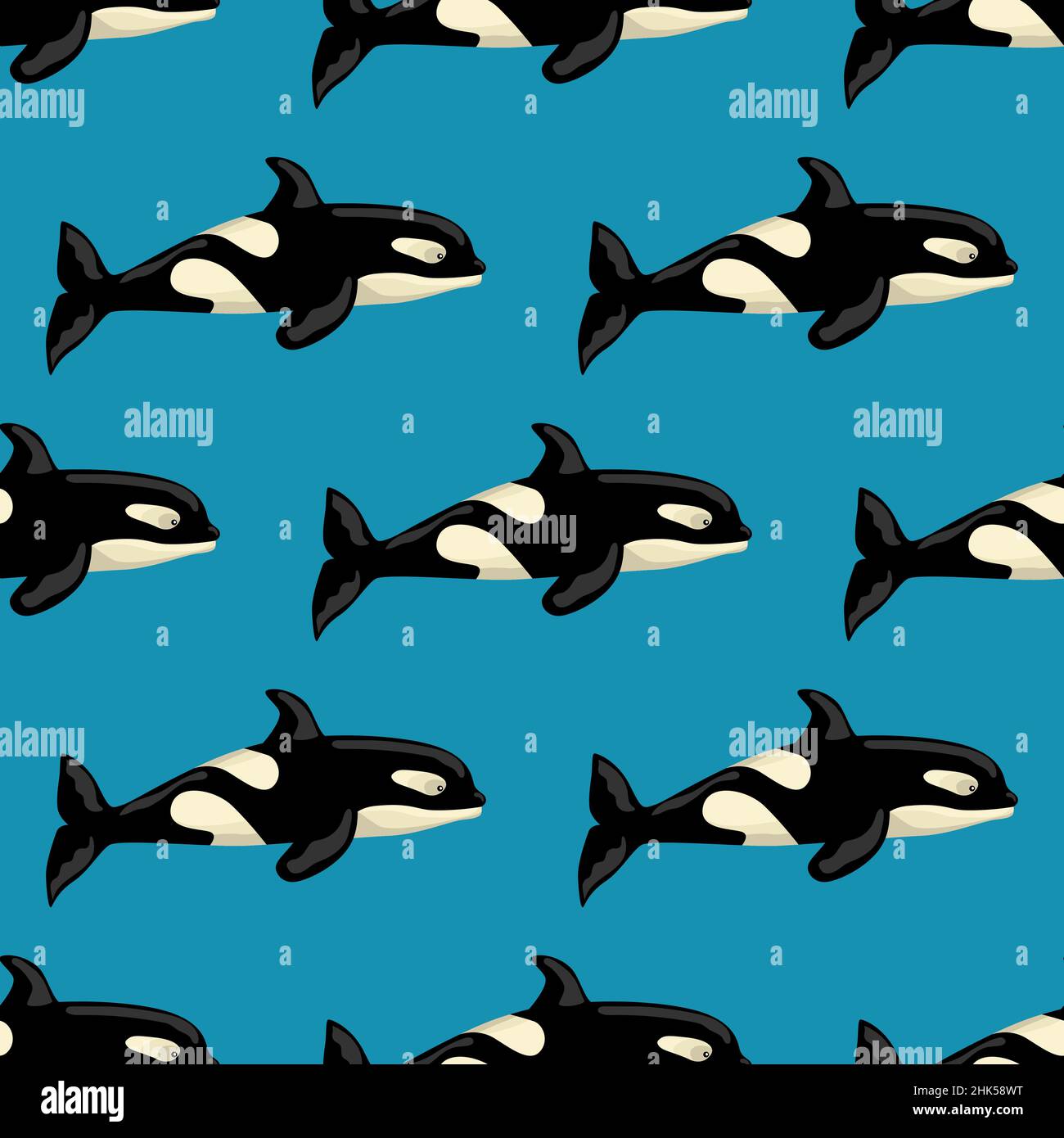 Seamless pattern Orca on blue background. Template of cartoon character of ocean for children. Repeated geometrical texture with big marine cetacean. Stock Vector