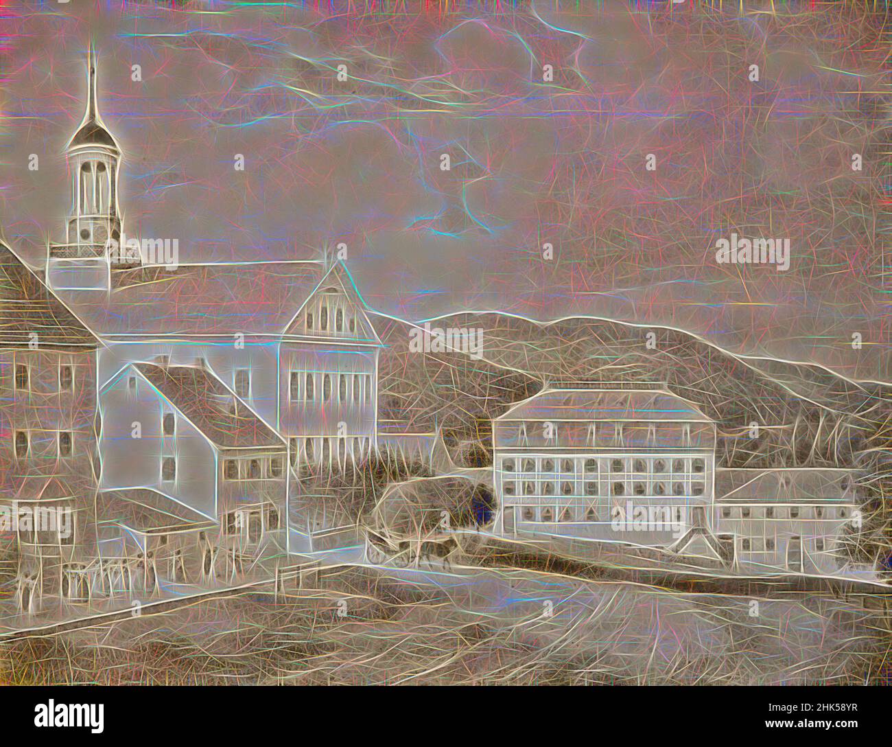 Inspired by Young Ladies' Seminary and Church, Gustavus Grunewald, American, active 1832-1850, Lithograph, hand colored, Reimagined by Artotop. Classic art reinvented with a modern twist. Design of warm cheerful glowing of brightness and light ray radiance. Photography inspired by surrealism and futurism, embracing dynamic energy of modern technology, movement, speed and revolutionize culture Stock Photo