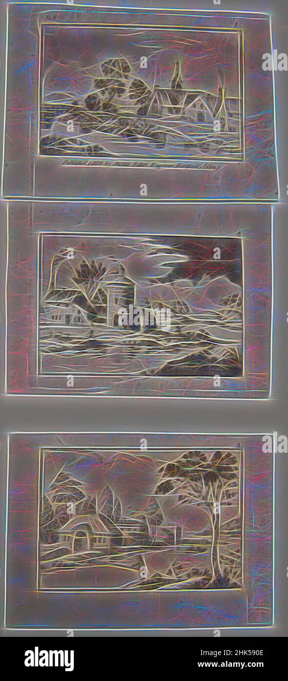 Inspired by Connecticut Views. Plates 1, 2, 3, Abner Reed, American, 1771-1866, Etching and aquatint on wove paper, 1809, Plate 1: 2 3/8 x 3 9/16 in., 6 x 9 cm, clouds, landscape, skies, sky, trees, Reimagined by Artotop. Classic art reinvented with a modern twist. Design of warm cheerful glowing of brightness and light ray radiance. Photography inspired by surrealism and futurism, embracing dynamic energy of modern technology, movement, speed and revolutionize culture Stock Photo