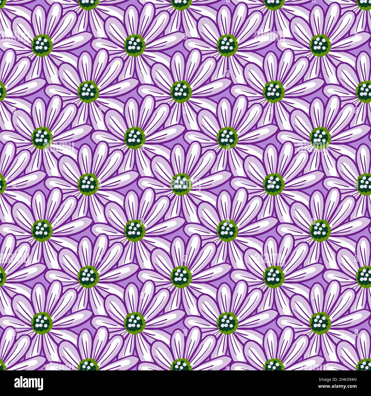 Seamless pattern with simple daisy flowers shapes. Purple background ...
