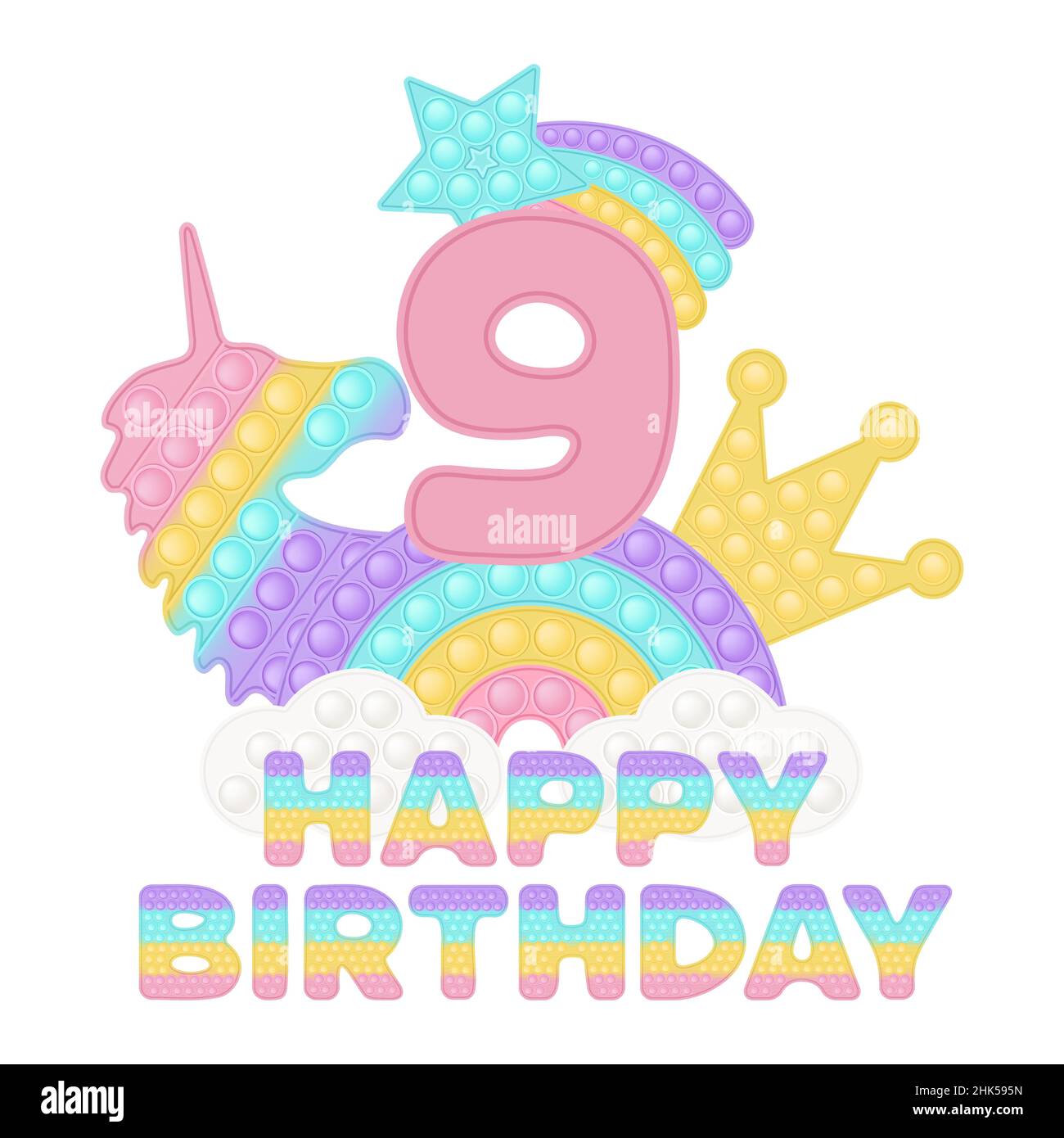 Happy 9th Birthday nine years pop it topper or sublimation print for t-shirt in style a fashionable silicone toy for fidgets. Pink number, unicorn, cr Stock Vector