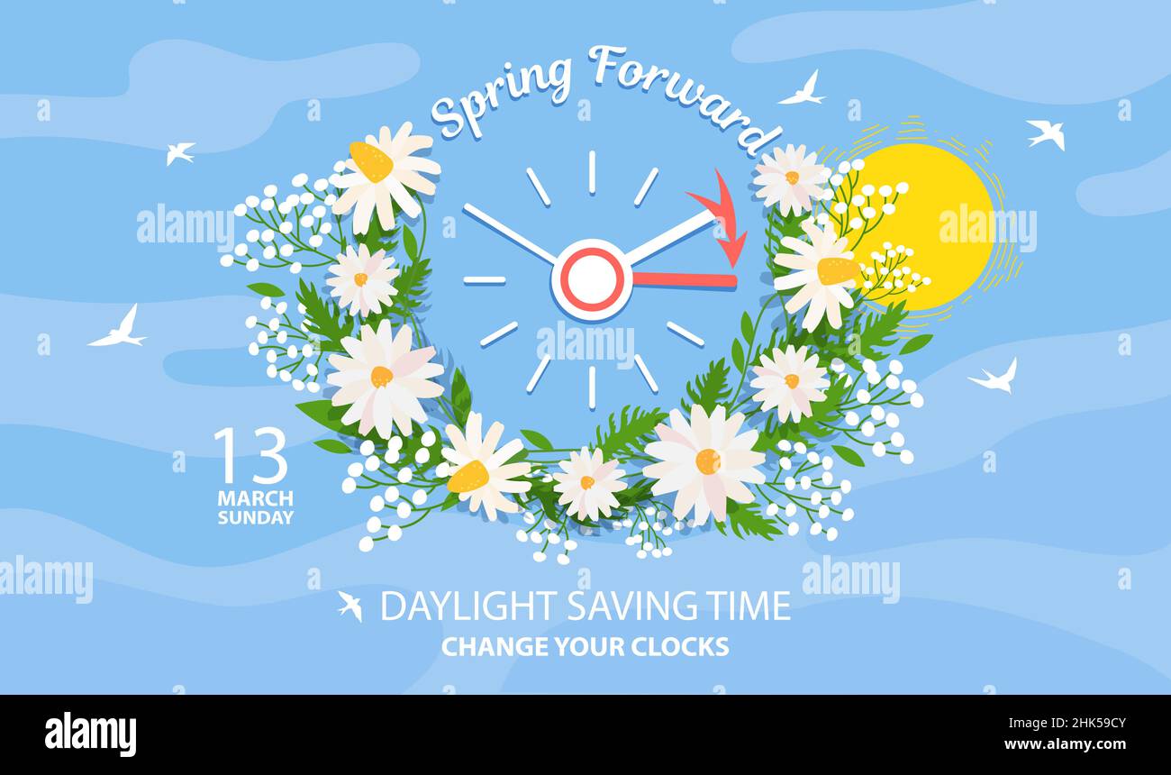 Spring Forward. Daylight Saving Time Banner Reminder Spring Time Change with date 13 march