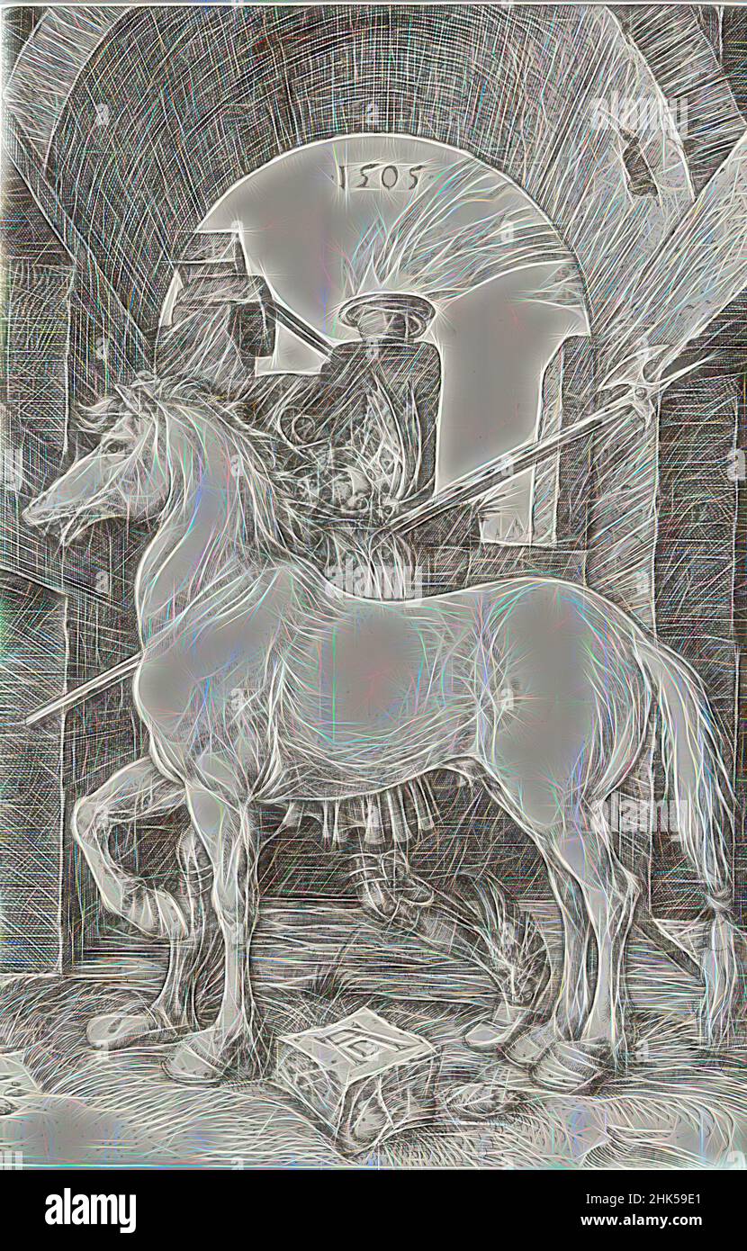 Inspired by The Little Horse, Albrecht Dürer, German, 1471-1528, Engraving on laid paper, 1505, 6 3/8 x 4 3/16 in., 16.2 x 10.6 cm, Reimagined by Artotop. Classic art reinvented with a modern twist. Design of warm cheerful glowing of brightness and light ray radiance. Photography inspired by surrealism and futurism, embracing dynamic energy of modern technology, movement, speed and revolutionize culture Stock Photo