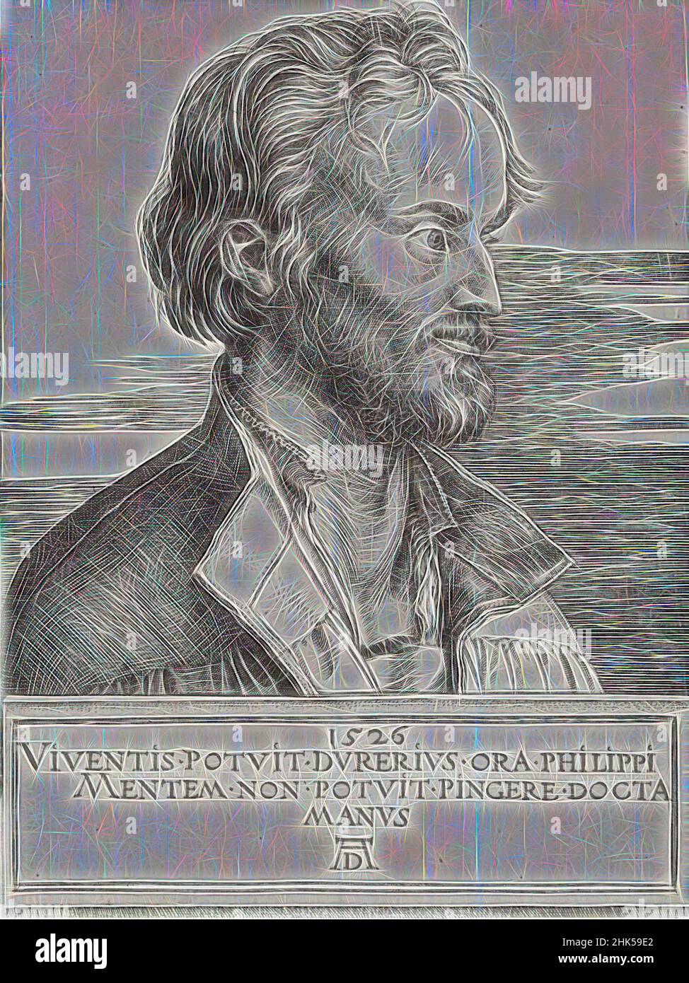Inspired by Phillip Melanchthon, Albrecht Dürer, German, 1471-1528, Engraving on laid paper, 1526, 6 3/4 x 5 in., 17.1 x 12.7 cm, Reimagined by Artotop. Classic art reinvented with a modern twist. Design of warm cheerful glowing of brightness and light ray radiance. Photography inspired by surrealism and futurism, embracing dynamic energy of modern technology, movement, speed and revolutionize culture Stock Photo