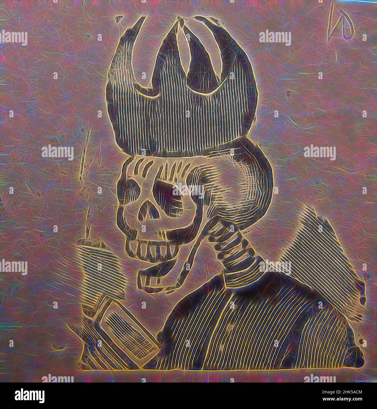 Inspired by Calavera 'Clerical', Jose Guadelupe Posada, Mexican, 1852-1913, Relief engraving on wove paper, 2 15/16 × 3 3/8 in., 7.5 × 8.6 cm, Reimagined by Artotop. Classic art reinvented with a modern twist. Design of warm cheerful glowing of brightness and light ray radiance. Photography inspired by surrealism and futurism, embracing dynamic energy of modern technology, movement, speed and revolutionize culture Stock Photo