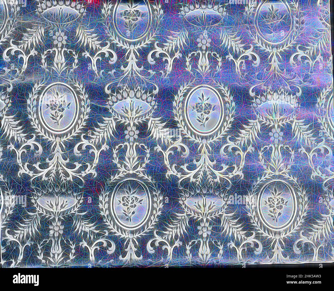 Inspired by Wallpaper, Mecaxin-Louis XVI Medallions pattern, Paper, ca. 1900, 17 x 22 7/8 in., 43.2 x 58.1 cm, Reimagined by Artotop. Classic art reinvented with a modern twist. Design of warm cheerful glowing of brightness and light ray radiance. Photography inspired by surrealism and futurism, embracing dynamic energy of modern technology, movement, speed and revolutionize culture Stock Photo