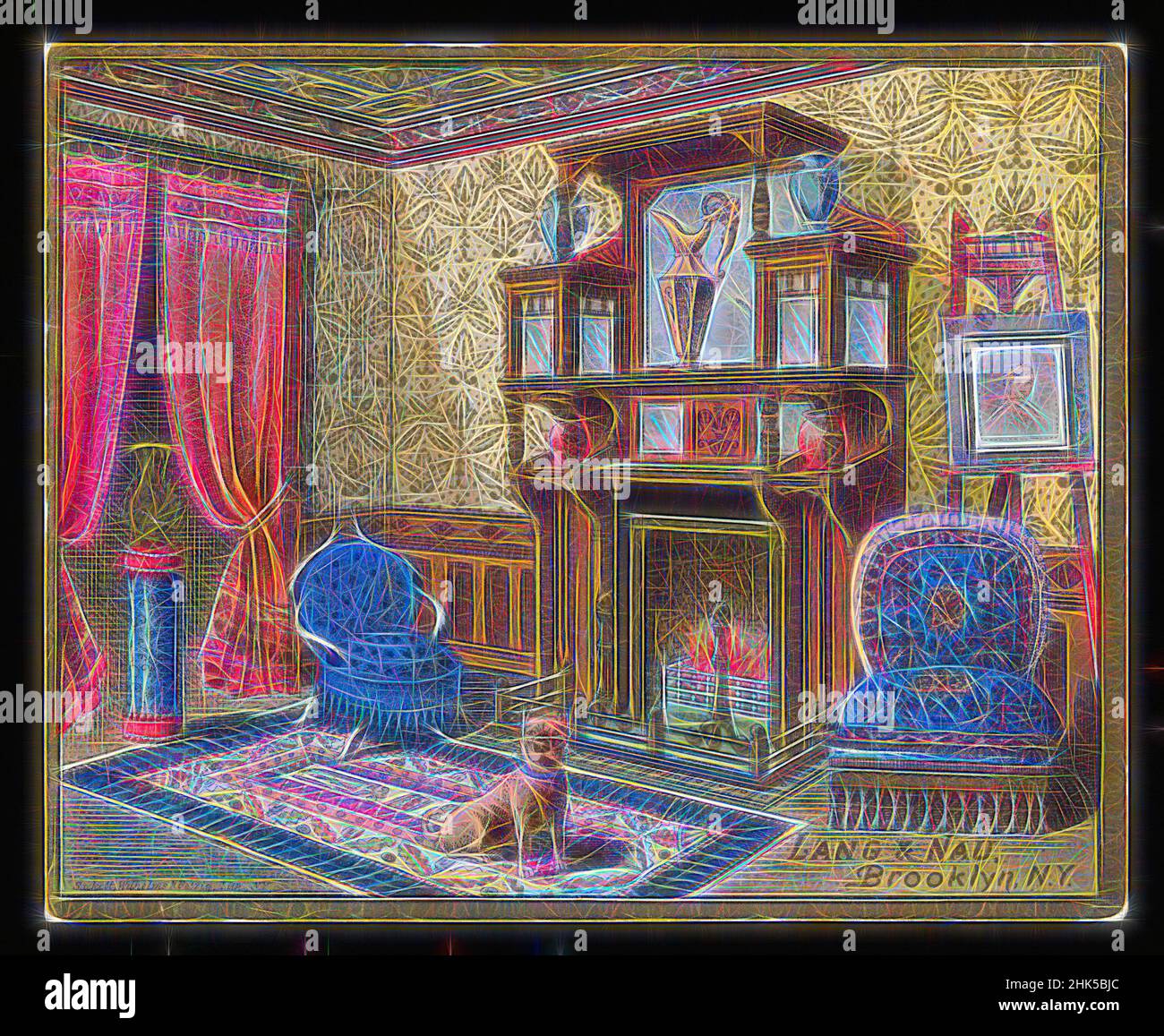 Inspired by Trade Card for the Firm Lang & Nau, Polychromed lithograph, after 1882, 4 3/8 x 5 3/8 in., 11.1 x 13.7 cm, advertisement, dog, drapes, fireplace, furnishings, interior, mantle, trade card, Victorian era, wainscotting, Reimagined by Artotop. Classic art reinvented with a modern twist. Design of warm cheerful glowing of brightness and light ray radiance. Photography inspired by surrealism and futurism, embracing dynamic energy of modern technology, movement, speed and revolutionize culture Stock Photo