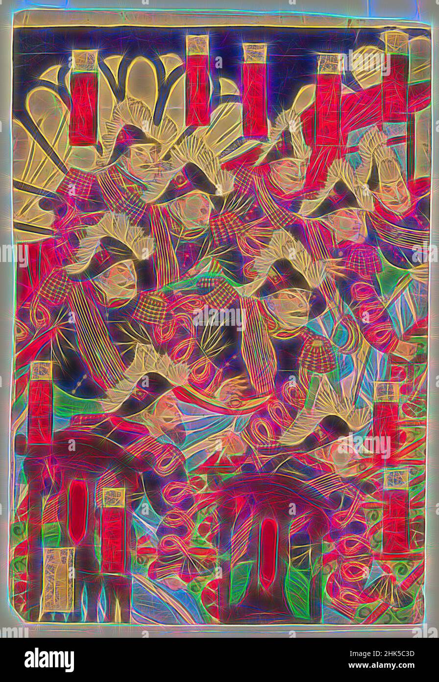 Inspired by Illustration of the Deliberation to Invade Korea, Color woodblock print on paper, Japan, 1868-1912, Meiji Period, 14 3/8 x 9 5/8 in., 36.5 x 24.4 cm, Reimagined by Artotop. Classic art reinvented with a modern twist. Design of warm cheerful glowing of brightness and light ray radiance. Photography inspired by surrealism and futurism, embracing dynamic energy of modern technology, movement, speed and revolutionize culture Stock Photo