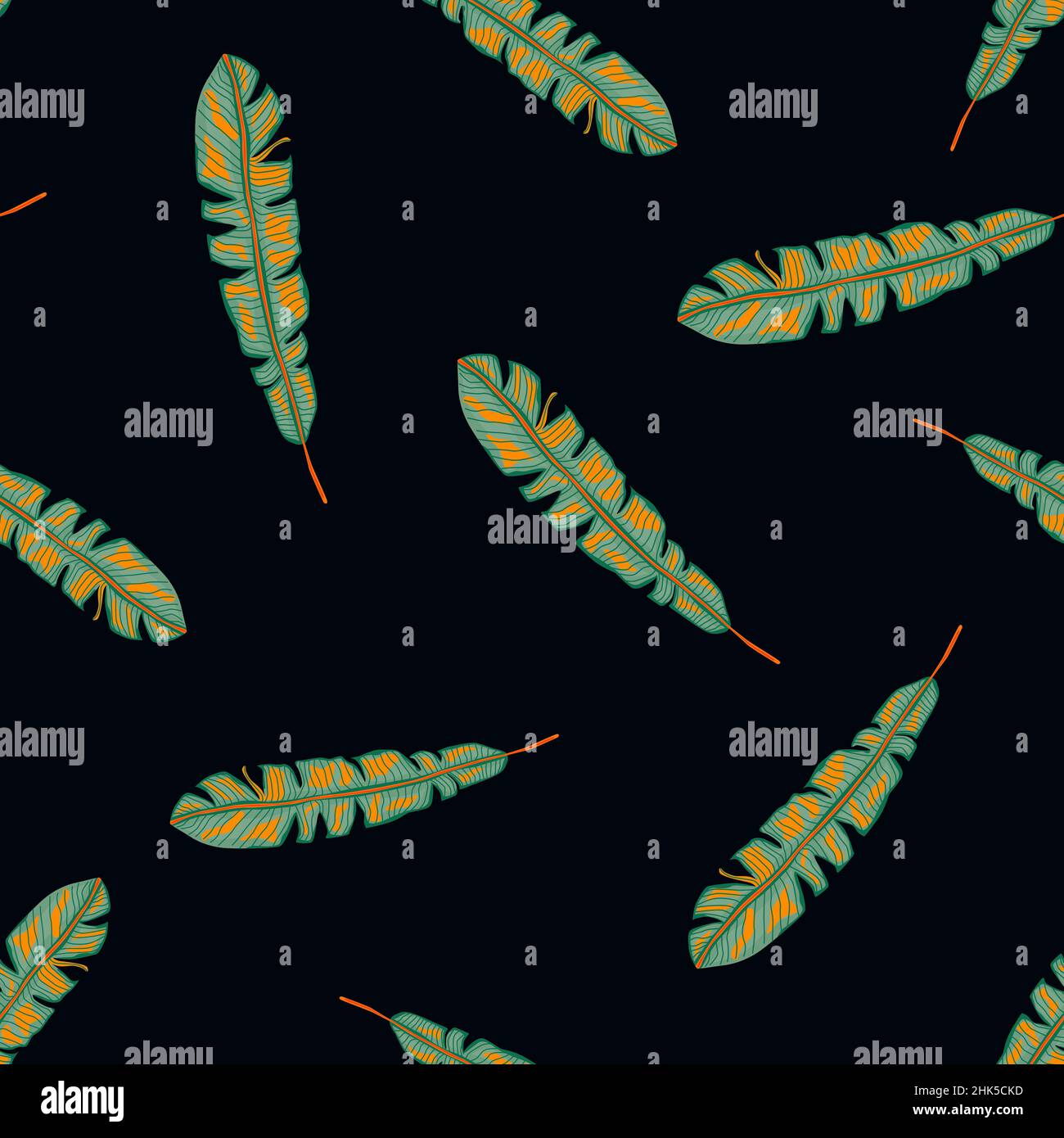 Seamless pattern with hand drawn green tropical leaves print. Black ...