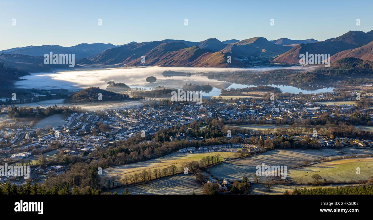 Temperature Inversion Over Keswick and Derwentwater in the English Lake District Stock Photo