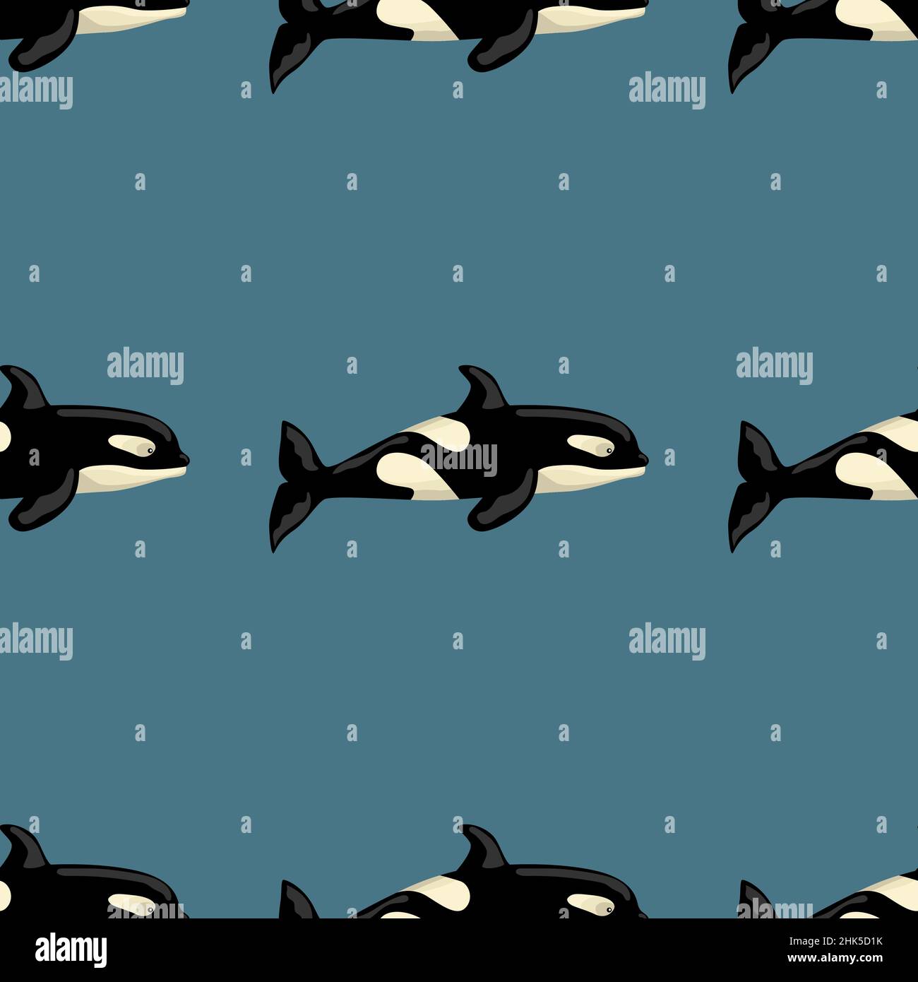 Seamless pattern Orca on blue - green background. Template of cartoon character of ocean for children. Repeated geometrical texture with marine cetace Stock Vector