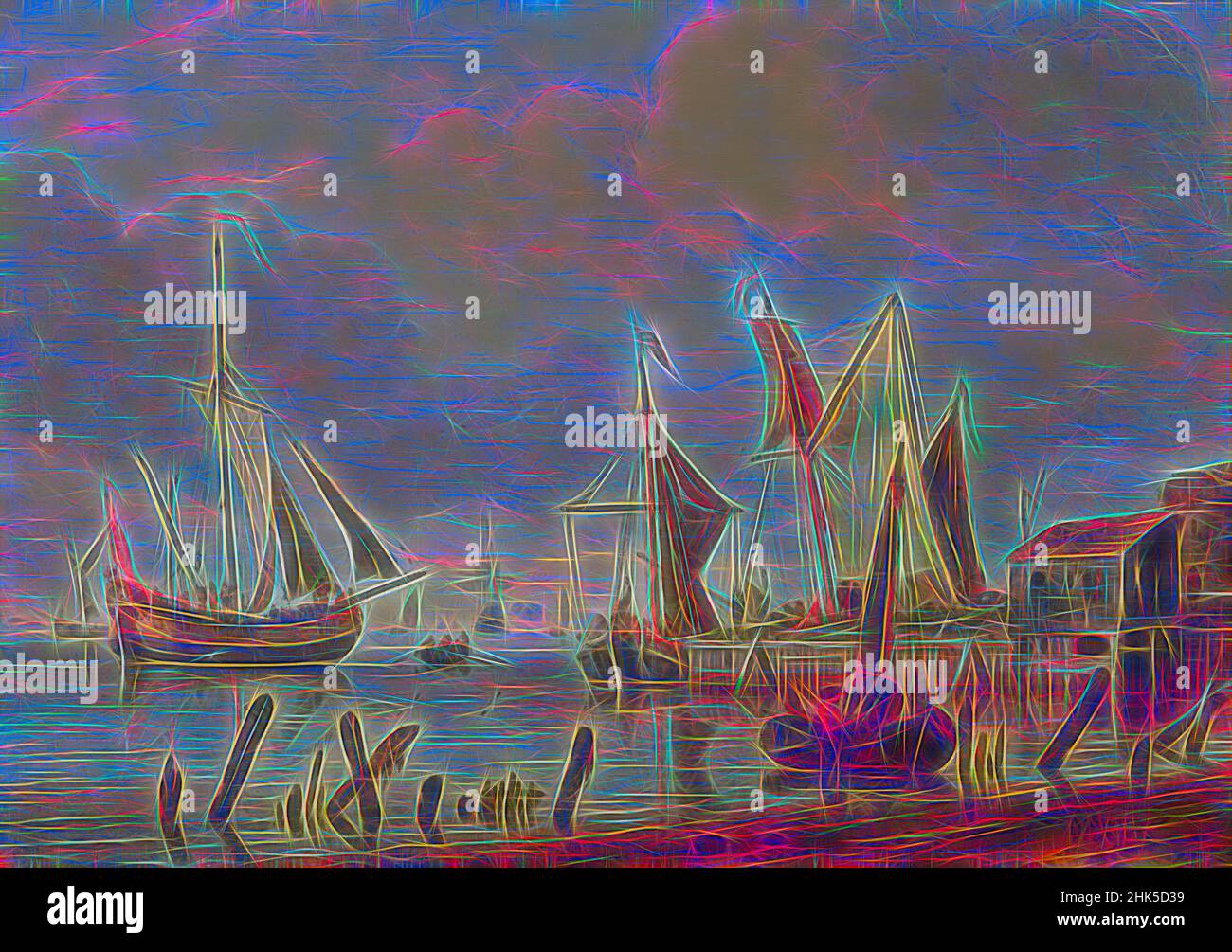 Inspired by Mooring place with boats, Abraham Storck, 1683, Reimagined by Artotop. Classic art reinvented with a modern twist. Design of warm cheerful glowing of brightness and light ray radiance. Photography inspired by surrealism and futurism, embracing dynamic energy of modern technology, movement, speed and revolutionize culture Stock Photo