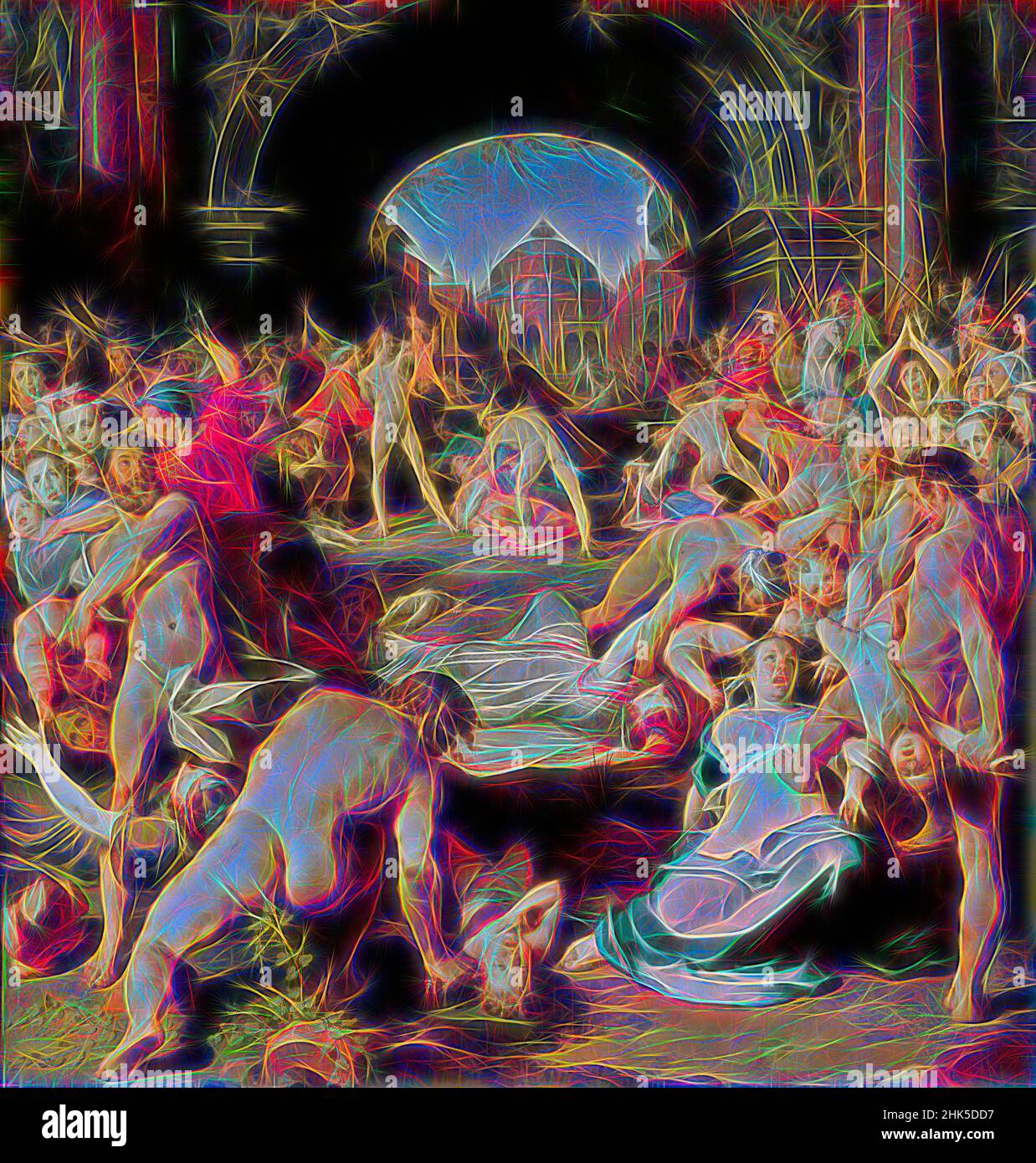 Inspired by The infanticide in Bethlehem, Cornelis Cornelisz van Haarlem, 1591, Reimagined by Artotop. Classic art reinvented with a modern twist. Design of warm cheerful glowing of brightness and light ray radiance. Photography inspired by surrealism and futurism, embracing dynamic energy of modern technology, movement, speed and revolutionize culture Stock Photo