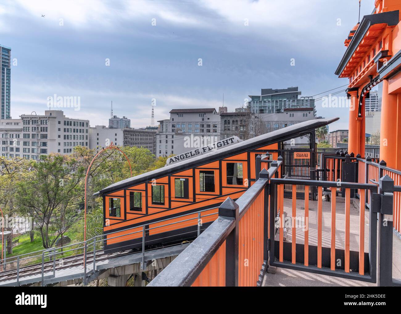 Los Angeles, CA, USA - January 31, 2022 - Historic Angels Flight funicular railway in the Bunker Hill district of downtown Los Angeles, CA. Stock Photo