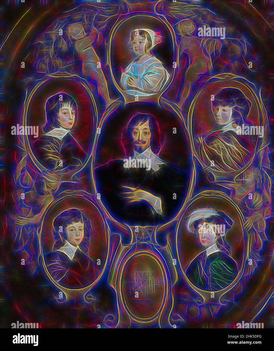 Inspired by Portrait of Constantijn Huygens 1596-1687 and his five children, Adriaen Hanneman, 1640, Reimagined by Artotop. Classic art reinvented with a modern twist. Design of warm cheerful glowing of brightness and light ray radiance. Photography inspired by surrealism and futurism, embracing dynamic energy of modern technology, movement, speed and revolutionize culture Stock Photo