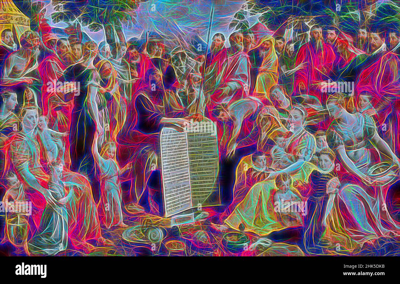 Inspired by Moses shows the tables of the law to the Israelites, with portraits of members of the Panhuys family, their relatives and friends, Maerten de Vos, 1574 - 1575, Reimagined by Artotop. Classic art reinvented with a modern twist. Design of warm cheerful glowing of brightness and light ray radiance. Photography inspired by surrealism and futurism, embracing dynamic energy of modern technology, movement, speed and revolutionize culture Stock Photo