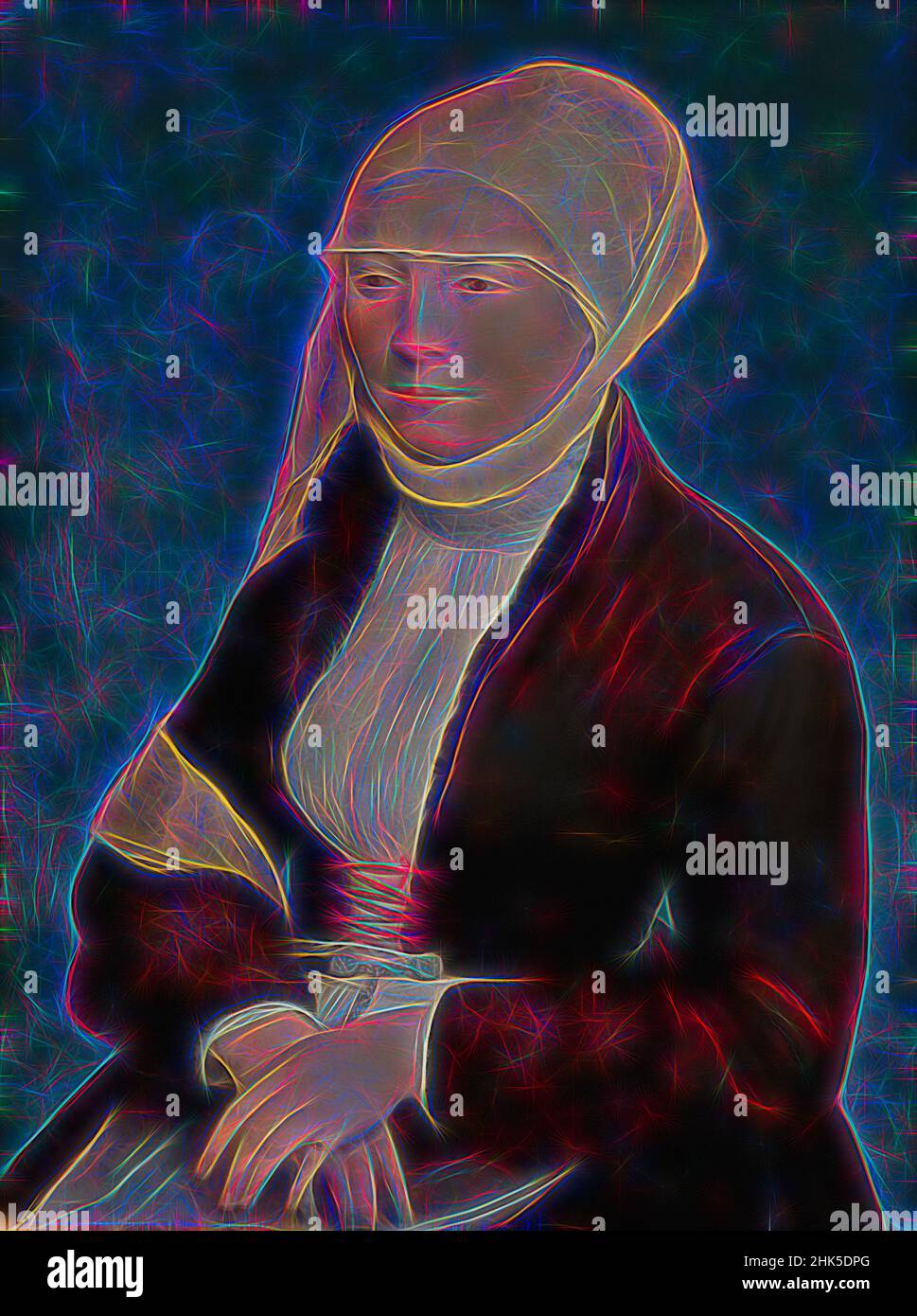 Inspired by Portrait of a South German woman, Hans Holbein de Jonge, formerly attributed to, c. 1520 – 1525, Reimagined by Artotop. Classic art reinvented with a modern twist. Design of warm cheerful glowing of brightness and light ray radiance. Photography inspired by surrealism and futurism, embracing dynamic energy of modern technology, movement, speed and revolutionize culture Stock Photo
