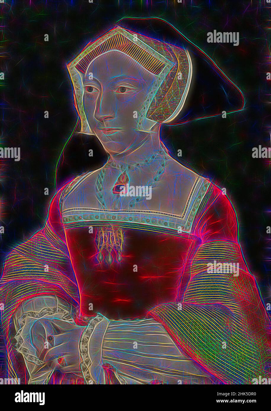 Inspired by Portrait of Jane Seymour 1509? -1537, Hans Holbein de Jonge, workshop of, c. 1540, Reimagined by Artotop. Classic art reinvented with a modern twist. Design of warm cheerful glowing of brightness and light ray radiance. Photography inspired by surrealism and futurism, embracing dynamic energy of modern technology, movement, speed and revolutionize culture Stock Photo