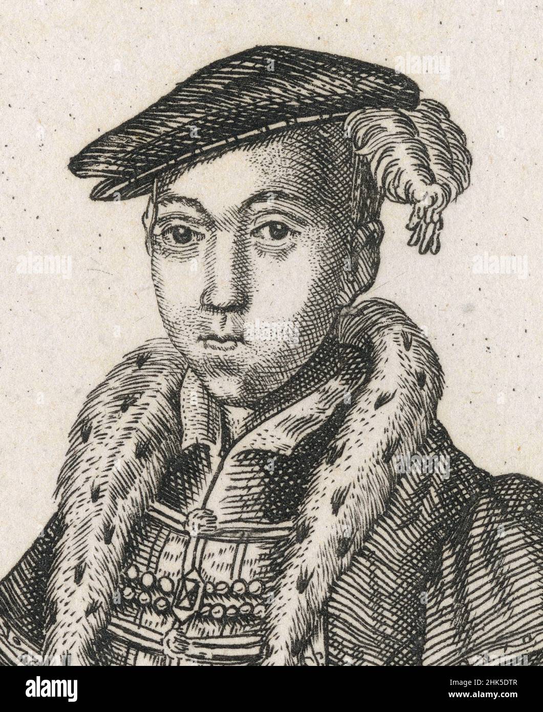 Antique early 19th century etching after Robert Peake (c.1607-1667) of Edward VI. Edward VI (1537-1553) was King of England and Ireland from 28 January 1547 until his death in 1553. SOURCE: ORIGINAL ENGRAVING Stock Photo