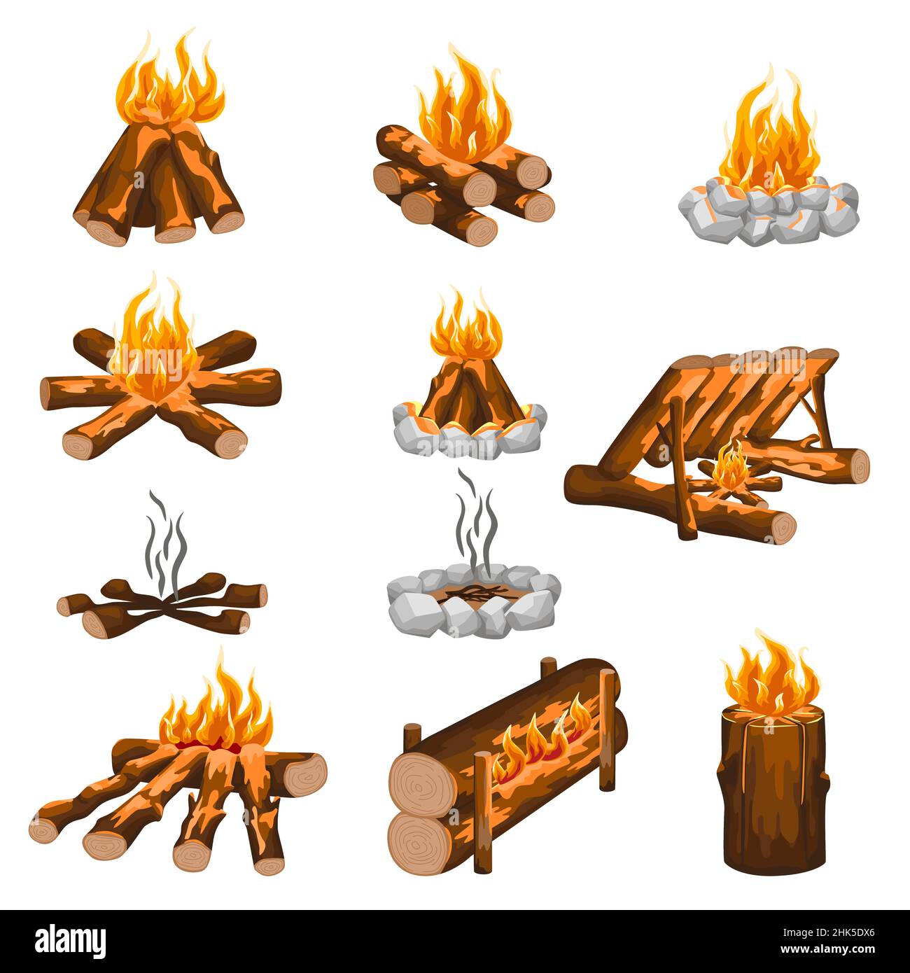 Set campfire isolated in flat style on white background. Different kind campfire hiking, wooden fire, stone fireplace. Cartoon vector illustration for Stock Vector