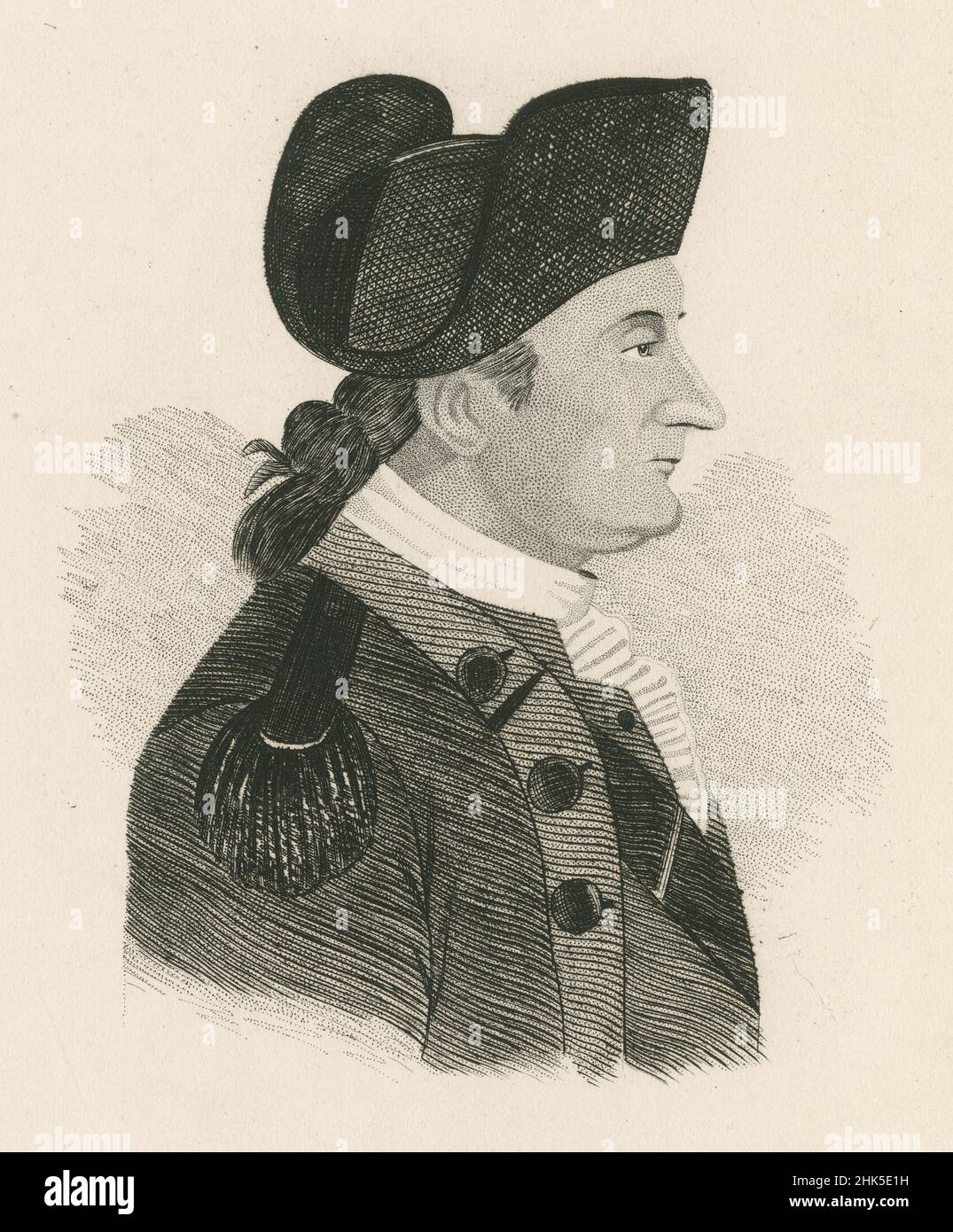 Antique circa 1850 engraving of Enoch Poor. Enoch Poor (1736-1780) was a brigadier general in the Continental Army during the American Revolutionary War. SOURCE: ORIGINAL ENGRAVING Stock Photo