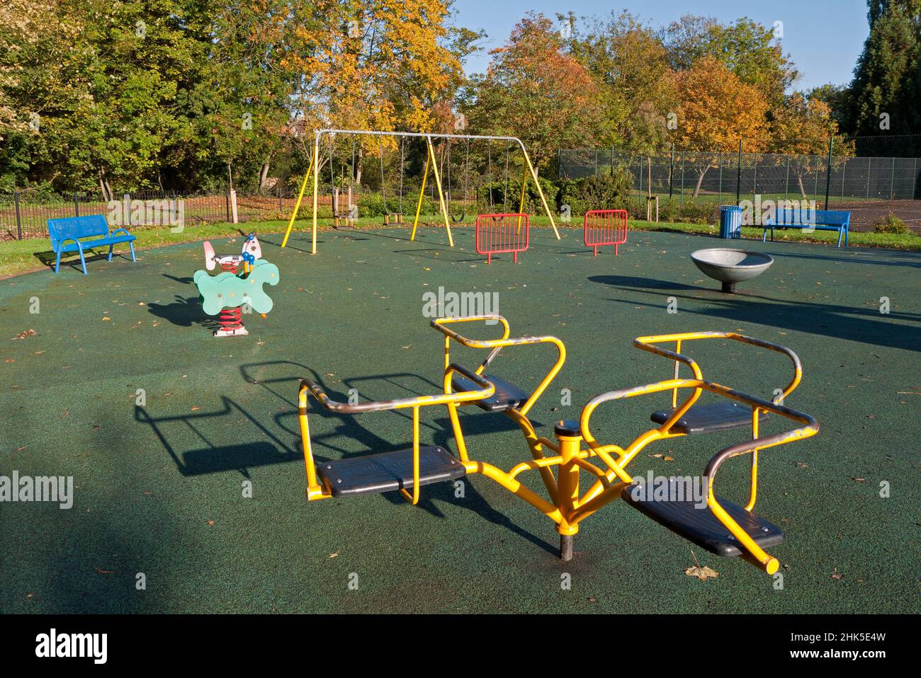 There is nothing more eerie and sad than a deserted, silent deserted playground. Here we see one in Abbey Fields, Abingdon-on-Thames, on a fine winter Stock Photo