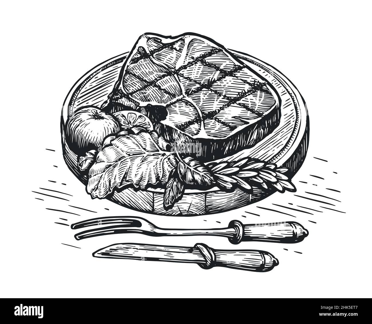 Steak grilled sketch. Food meat hand drawn vector illustration