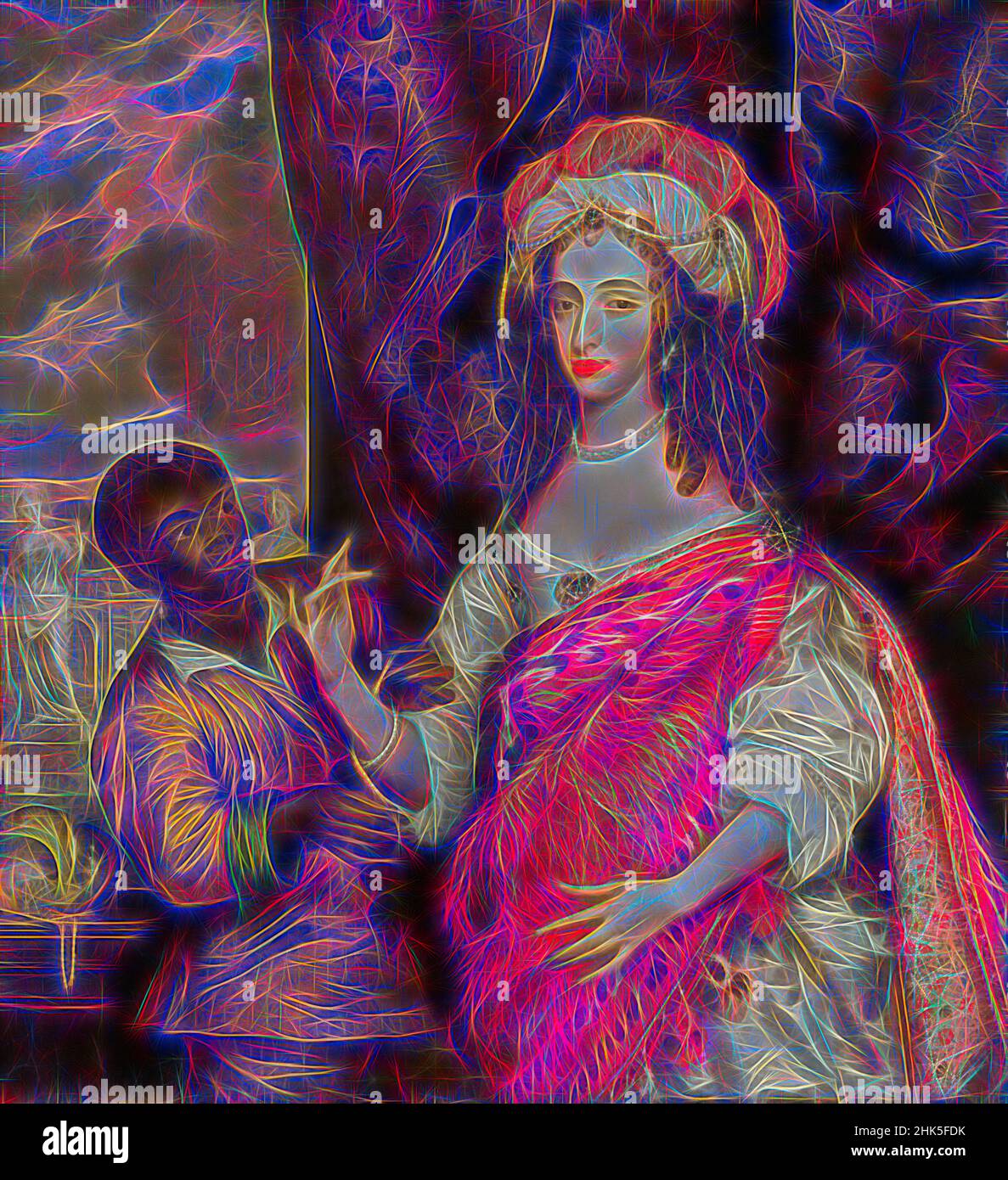 Inspired by Posthumous portrait of Mary I Stuart 1631-1660 with a servant, Adriaen Hanneman, c. 1664, Reimagined by Artotop. Classic art reinvented with a modern twist. Design of warm cheerful glowing of brightness and light ray radiance. Photography inspired by surrealism and futurism, embracing dynamic energy of modern technology, movement, speed and revolutionize culture Stock Photo