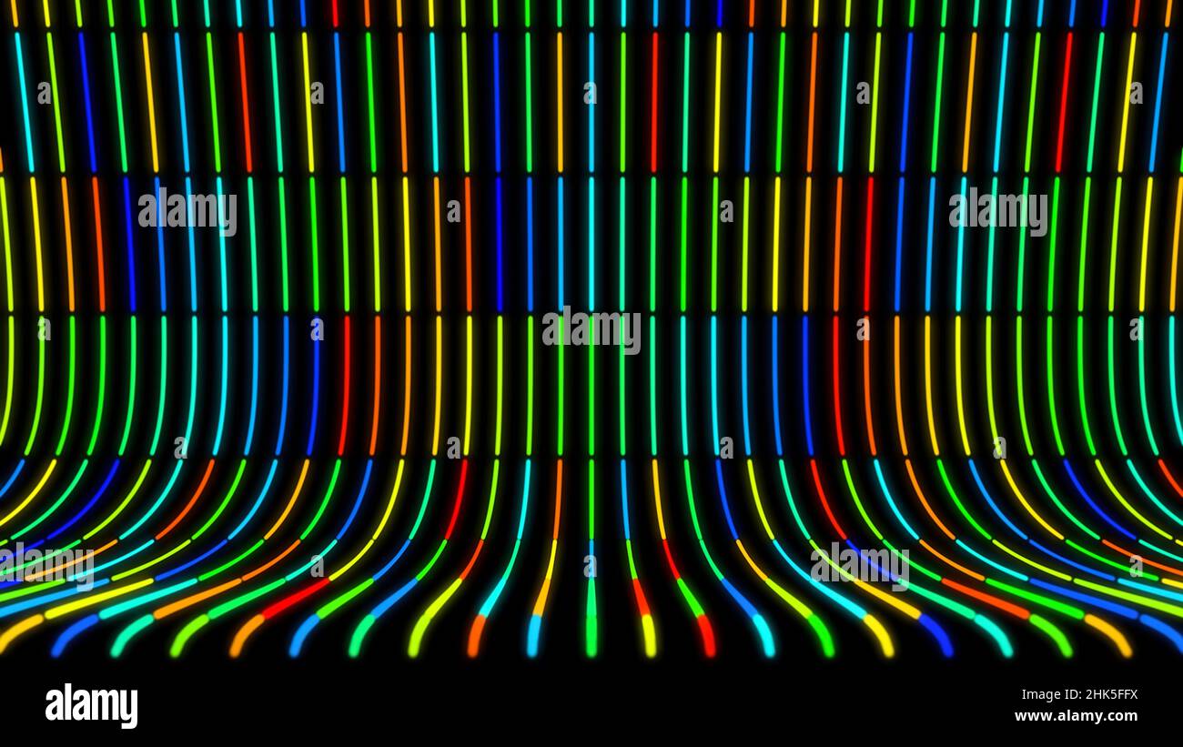 Abstract curved background with moving neon colored lines on black ...