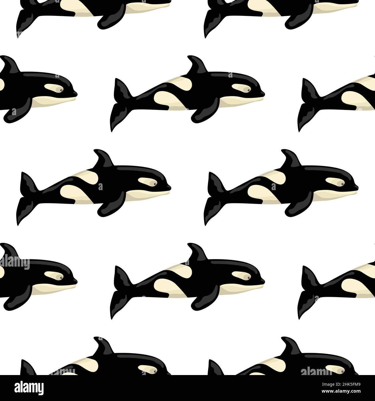 Seamless pattern Orca on white background. Template of cartoon character of ocean for children. Repeated geometrical texture with marine cetacean. Des Stock Vector
