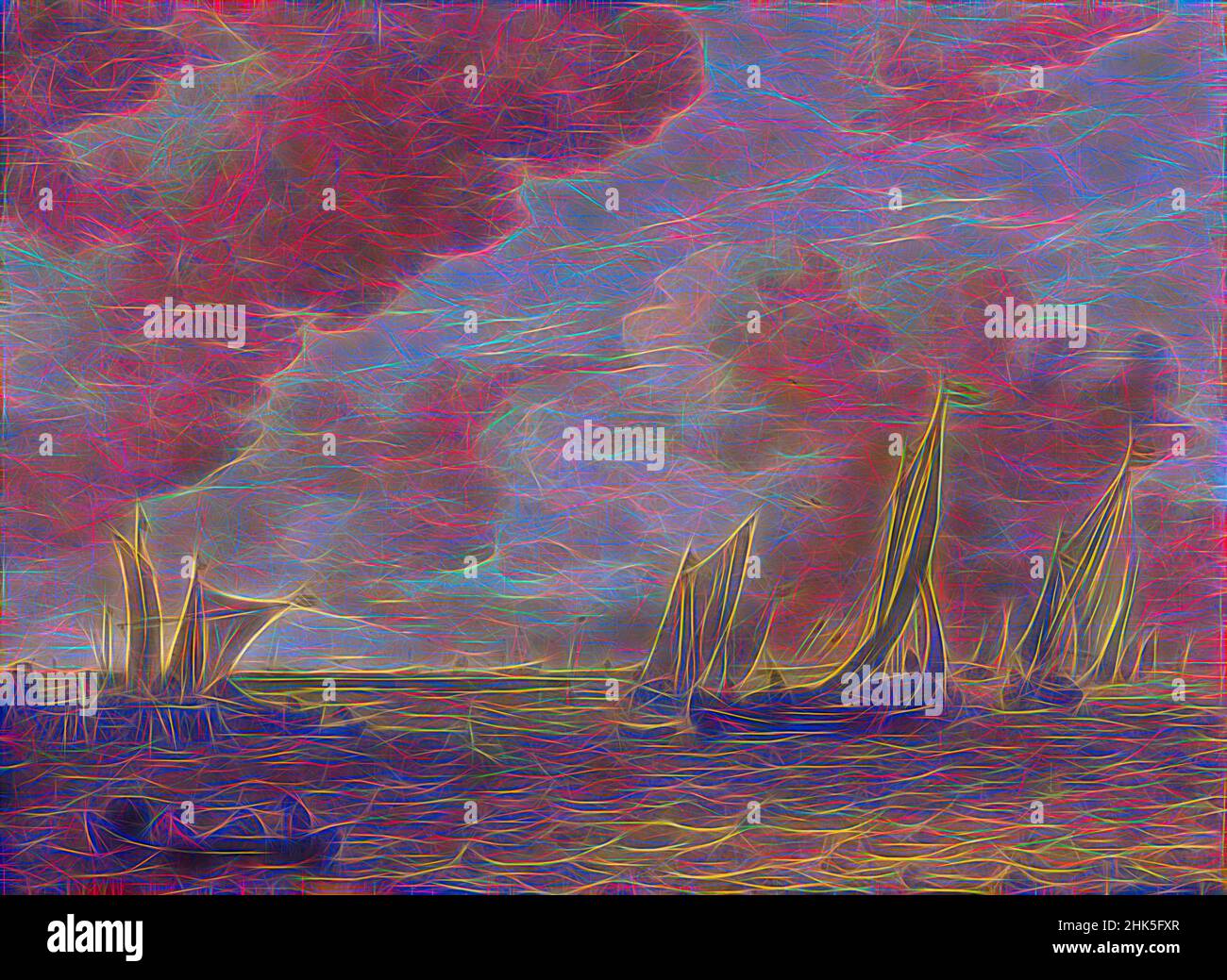 Inspired by River mouth with sailing boats, Jan van Goyen, 1655, Reimagined by Artotop. Classic art reinvented with a modern twist. Design of warm cheerful glowing of brightness and light ray radiance. Photography inspired by surrealism and futurism, embracing dynamic energy of modern technology, movement, speed and revolutionize culture Stock Photo