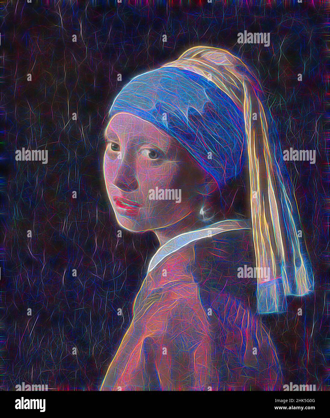 Inspired by Girl with a Pearl Earring, Johannes Vermeer, c. 1665, Reimagined by Artotop. Classic art reinvented with a modern twist. Design of warm cheerful glowing of brightness and light ray radiance. Photography inspired by surrealism and futurism, embracing dynamic energy of modern technology, movement, speed and revolutionize culture Stock Photo