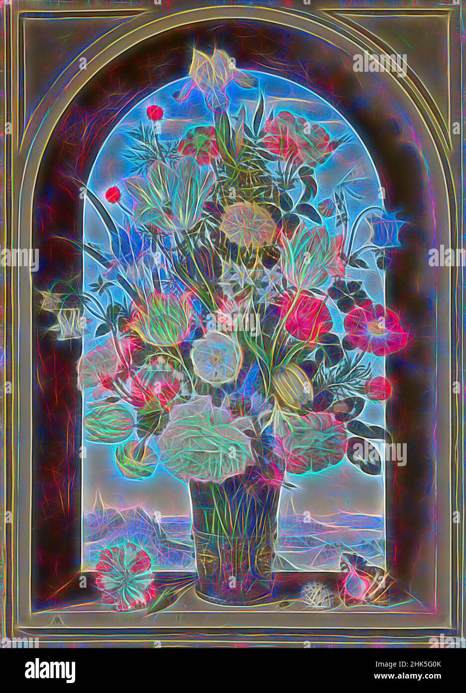 Inspired by Vase of flowers in a window, Ambrosius Bosschaert de Oude, c. 1618, Reimagined by Artotop. Classic art reinvented with a modern twist. Design of warm cheerful glowing of brightness and light ray radiance. Photography inspired by surrealism and futurism, embracing dynamic energy of modern technology, movement, speed and revolutionize culture Stock Photo