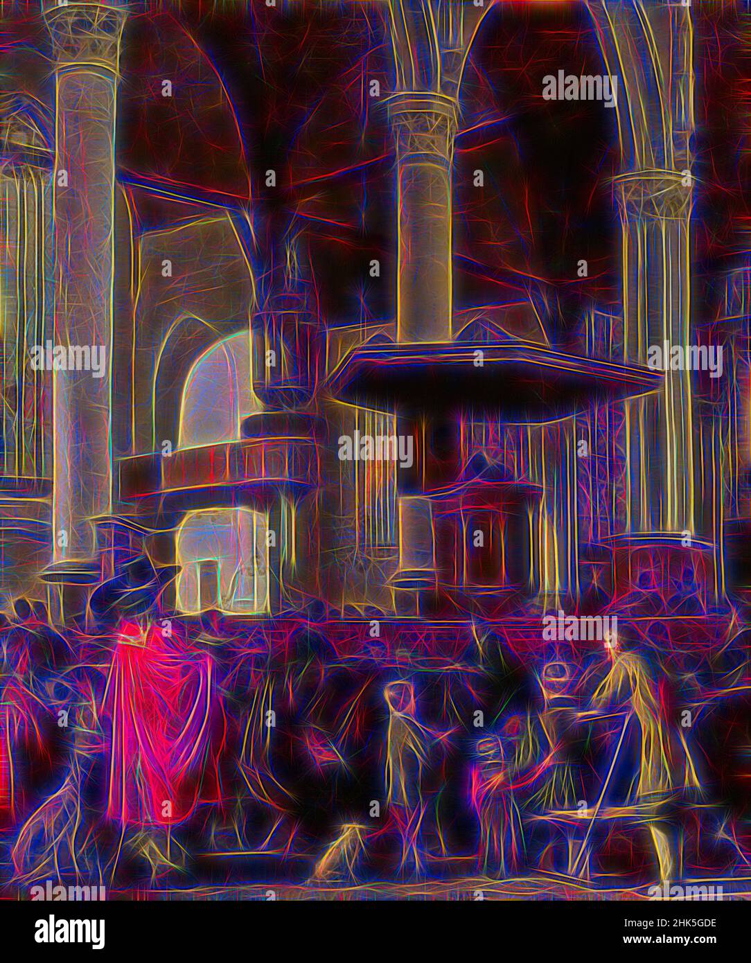Inspired by The Oude Kerk in Amsterdam during a service, Emanuel de Witte, c. 1654, Reimagined by Artotop. Classic art reinvented with a modern twist. Design of warm cheerful glowing of brightness and light ray radiance. Photography inspired by surrealism and futurism, embracing dynamic energy of modern technology, movement, speed and revolutionize culture Stock Photo