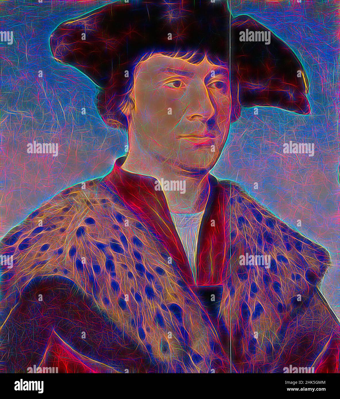 Inspired by Portrait of a man, Joos van Cleve, c. 1520 - 1530, Reimagined by Artotop. Classic art reinvented with a modern twist. Design of warm cheerful glowing of brightness and light ray radiance. Photography inspired by surrealism and futurism, embracing dynamic energy of modern technology, movement, speed and revolutionize culture Stock Photo
