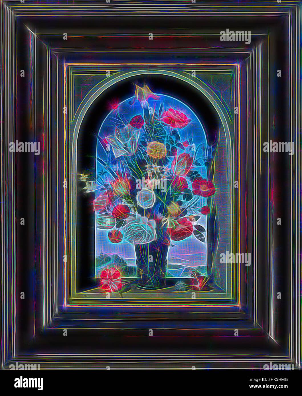 Inspired by Transforming Still Life Painting after Ambrosius Bosschaert the Elder, Vase With Flowers in a Window, 1618, Nick Carter, Rob Carter, Reimagined by Artotop. Classic art reinvented with a modern twist. Design of warm cheerful glowing of brightness and light ray radiance. Photography inspired by surrealism and futurism, embracing dynamic energy of modern technology, movement, speed and revolutionize culture Stock Photo