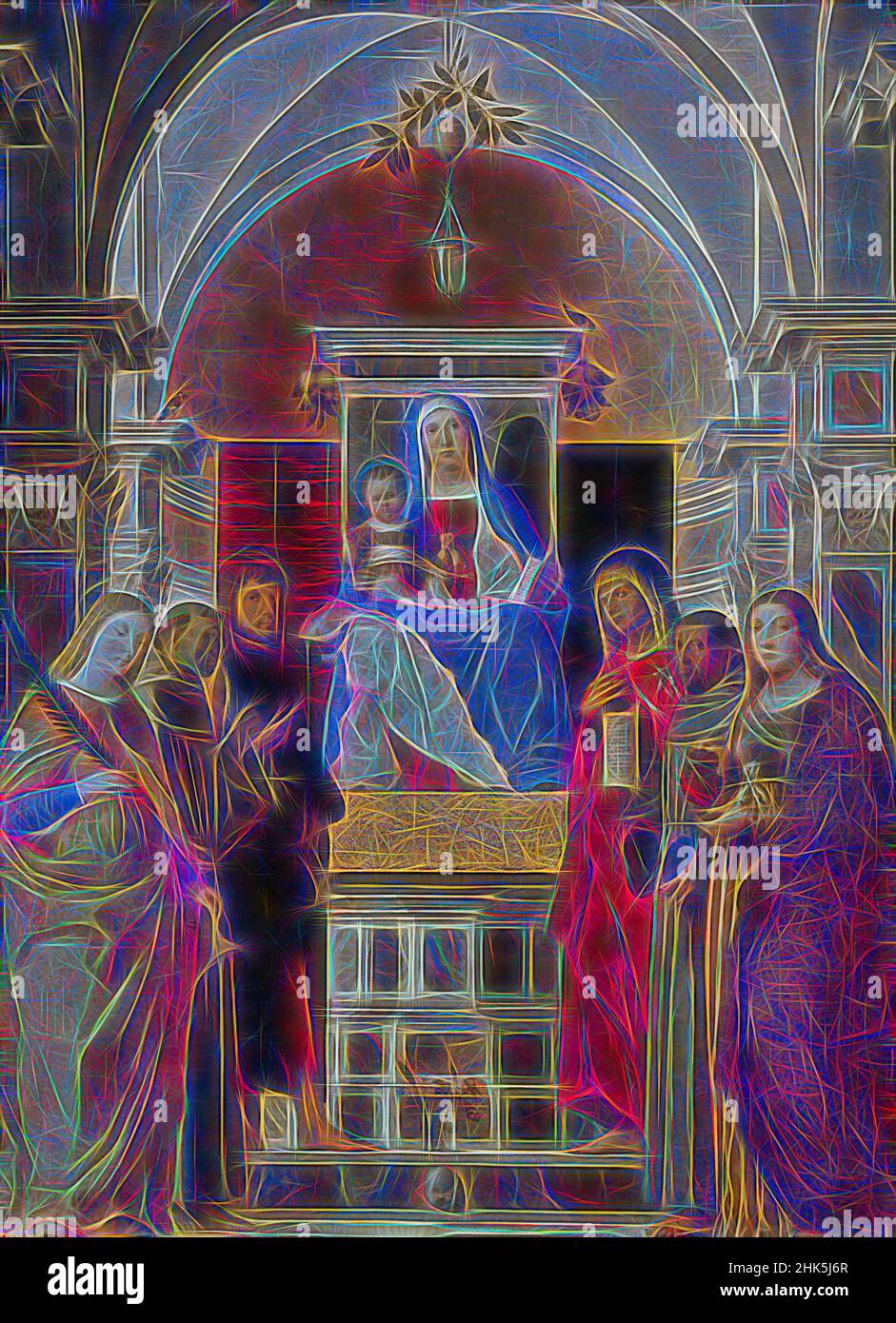 Inspired by Enthroned Mary with child and six saints, Marcello Fogolino, c. 1516, Reimagined by Artotop. Classic art reinvented with a modern twist. Design of warm cheerful glowing of brightness and light ray radiance. Photography inspired by surrealism and futurism, embracing dynamic energy of modern technology, movement, speed and revolutionize culture Stock Photo