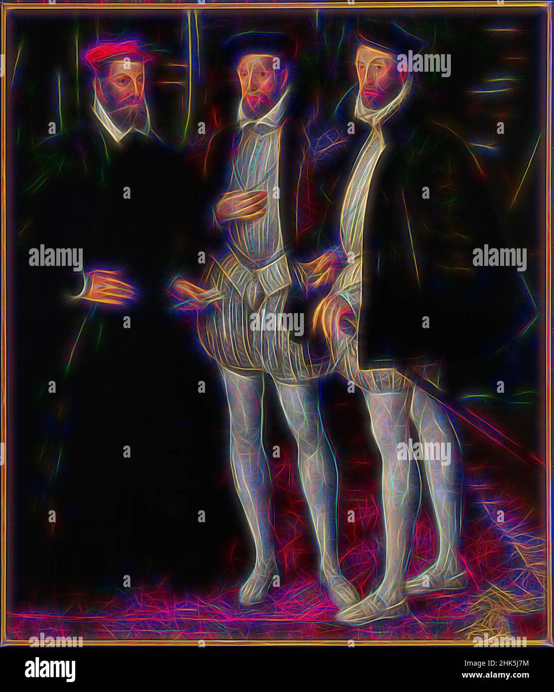 Inspired by Portrait of the brothers Gaspard 1519-1572, Odet 1517-1571 and François 1512-1569 de Châtillon-Coligny, France, before 1579, Reimagined by Artotop. Classic art reinvented with a modern twist. Design of warm cheerful glowing of brightness and light ray radiance. Photography inspired by surrealism and futurism, embracing dynamic energy of modern technology, movement, speed and revolutionize culture Stock Photo