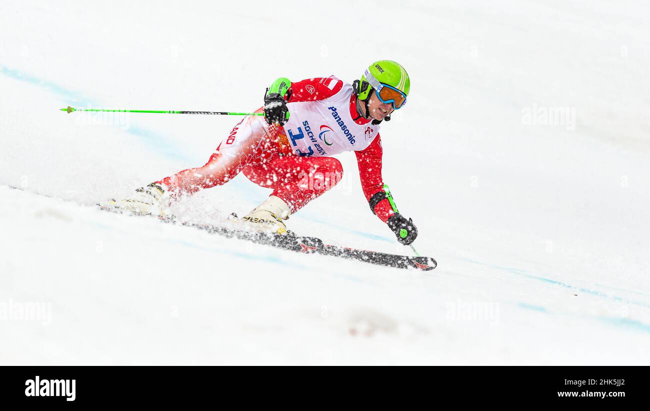 Radomir DUDAS of Slovakia follows the shouts of his guide in the Mens  Alpine Skiing Giant Slalom during the 2014 Winter Paralympic Games at the  Rosa K Stock Photo - Alamy