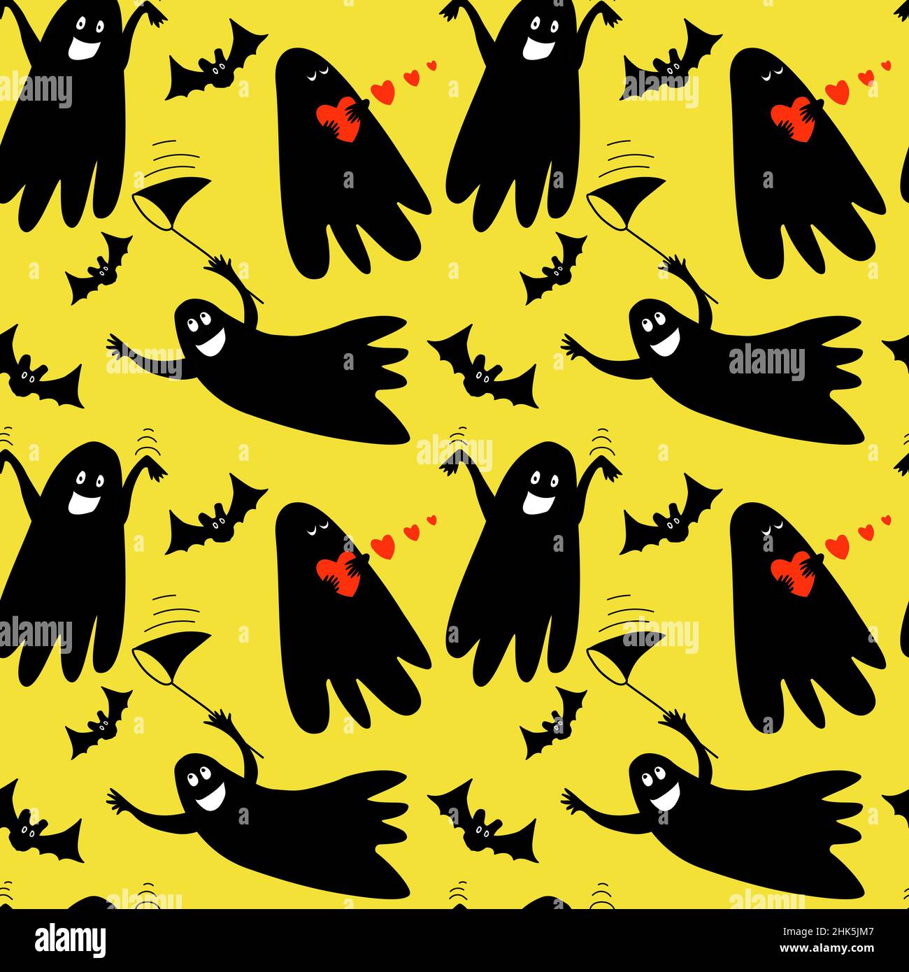 Halloween seamless pattern with doodle cute ghosts on yellow background. Stock Vector